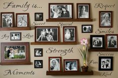 a wall with many different pictures and words on it that say family is, sweet, love, strength, and fun