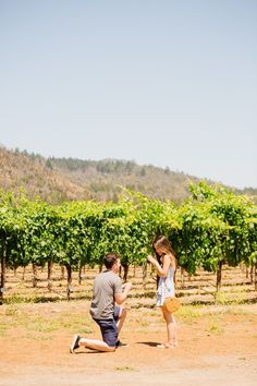 a man kneeling down next to a woman in front of a bunch of vines on a field