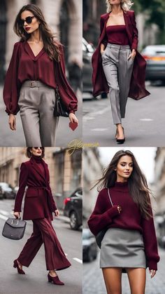 Inspirate en estos outfits con burdeos, color ideal para el otoño! #glammer #asesoriadeimagen #outfits #modayestilo Outfit Street, Trendy Fall Outfits, Autumn Style, Business Outfit, Grey Pants, Work Outfits Women, Autumn Outfit