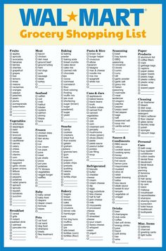 the grocery shopping list for walmart is shown in blue, yellow and white colors