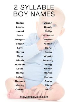 a baby is sitting on the floor with his hands in his mouth and there are two words that say, 2 syllable boy names