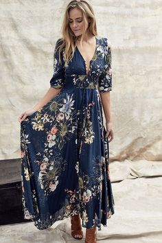 Buy More! Save More! Indigo Maxi Dress, Look Hippie Chic, Vacation Maxi Dress, Quarter Sleeve Dress, Gaun Fashion, Floral Chiffon Dress, Elegant Maxi Dress, Chiffon Floral, Maxi Robes