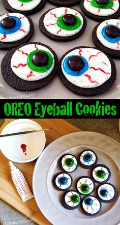 oreo eyeball cookies are on a plate and ready to be decorated for halloween