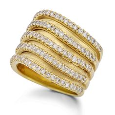 Chic And Sophisticated: Elevate Your Style With This Exquisite 18k Yellow Gold Ring, Featuring A Unique Wave Design With Five Rows Of Sparkling Diamonds. Boasting 1.55 Carats Of Brilliant Round Diamonds, G-H Color, And Vs2-Si1 Clarity, This Ring Perfectly Balances Elegance And Modern Flair. The Polished And Brushed Finishes Add Depth, Making It A Standout Piece. Ideal For The Discerning Woman Who Values Timeless Luxury, This Ring Is In Excellent Condition And Comes With A Storage Pouch. It Can Be Resized To Ensure A Perfect Fit. Product Specifications: * Material: 18k Yellow Gold * Diamonds: 1.55 Carats, G-H Color, Vs2-Si1 Clarity * Width: 18mm * Height: 3mm * Weight: 16.9 Grams * Ring Ring Unique Design, Timeless Luxury, Wave Ring, 18k Yellow Gold Ring, Wave Design, Yellow Gold Ring, Storage Pouch, Wide Bands, Sparkle Diamonds