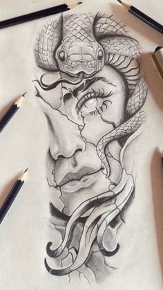 a pencil drawing of a woman's face with a snake on her head and eyes