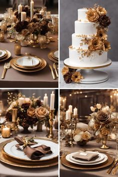 wedding table setting with gold and white flowers