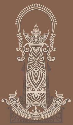 an intricately designed light house in brown and white on a brown background, with the word