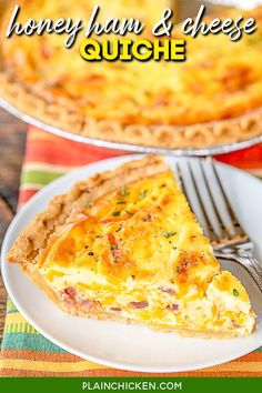 a slice of quiche on a plate with the title text overlay reads honey ham and cheese quiche