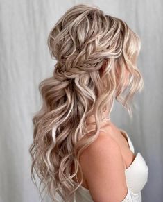 3. Long Beach Waves with a Lacy Braid. If you have beautiful long thick locks, a style with curls will make you look even more adorable and romantic! Finish your ‘do by adding a few floral bobby pins. Wedding Hair Half, Wedding Hair Up, Wedding Hair Down, Wedding Hairstyles For Long Hair