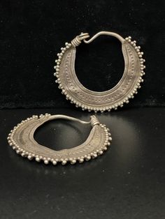 "These wonderful ornate large Sindh Hoop Earrings are handcrafted, ancient Tribal Jewelry earrings from the Indus River Valley, which winds through the Himalayas, across Kashmir into the Punjab. The area it covers enjoys a rich cultural history going back thousands of years. 2 1/2\" Circle Round also known as Huge Vintage Afghan Silver Saw-Blade Hoop Earrings made of high-quality Sterling Silver. These earrings are rather heavy and can be used as earweights. Open studio most days 10:00 to 5:00, Indus River, Pacific Grove, Open Studio, Vintage Afghan, River Valley, Saw Blade, Jewelry Earrings Hoops, Boho Hippie, Silver Fashion