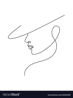 a continuous line drawing of a woman's face with a hat on her head