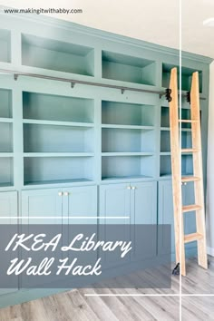 a ladder leaning against a blue bookcase with the words ikea library wall hack