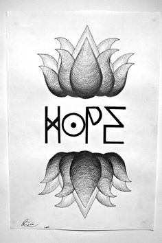 a black and white drawing of two flowers with the word hope written in it's center