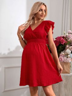 Red V-neck Mini Dress With Ruffles, Red V-neck Mini Dress, Latest Maternity Dresses, Plus Size Inspiration, Shein Maternity, Romantic Holiday, V Neck Dress, Maternity Dresses, Dress P