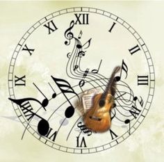 a clock with musical notes and a guitar on it's face in front of a grungy background