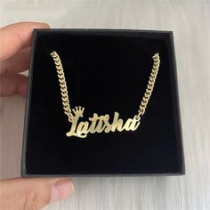 "Crown Name Necklace Metal:- Stainless Steel  Stone:- None Chain type:- Cuban Chain This is a Handmade item  Description:-  It will make you exciting to see your or your loved once name on this jewelry. Material: Stainless steel Plating: 18K Silver or Gold or Rose Gold Chain Length:-  35cm, 40cm, 45cm, 50cm If you want Solid Rose gold, Gold or Yellow Gold, let us know we can also make that for you on request.  Great for a birthday gift, a gift for a friend, anniversary gift, or even a gift for yourself! → [How to process the order] 1. Please tell us the name and font number in the 'Personalization Box' Above For Example- Jasmine + Font 1 Note: if you do not choose a font, we will make same as picture font. and select the finish, Size, etc from the menu option. 2. Now, click on \"Pay with P Name Chain, Customized Necklace, Arabic Necklace, English Jewelry, Name Necklaces, Name Earrings, Bamboo Earrings, Gold Armband, Nameplate Necklace