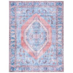 a blue and pink rug with an ornate design on the middle, in front of a white background