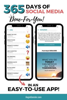 two iphones with the text 365 days of social media done for you easy to use app