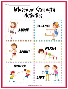 a poster with the words muscular and other activities for kids to practice their physical skills