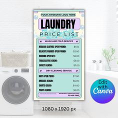 the laundry price list is displayed next to a washer and dryer