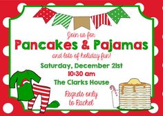 a poster for pancakes and pajamas on the front of a red background with white polka dots