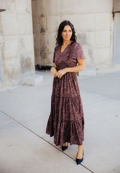 Ok, my friends your new favorite modest maxi is here and it is just stunning. You will love the print and the beautiful flowy silhouette of this fabulous boho style maxi dress. Features fun flowy sleeves, v-neckline, elastic waistband, ruffle detail and is fully lined. Available in multiple colors. 100% Polyester Wash inside out in cold gently cycle. No chlorine. Iron at low heat. Do not dry clean or spin dry. Aprox. measurements in inches: XS:Length-54 |Bust-30 |Waist-24 S:Length-55 |Bust-34 |W Lds Outfits, Cocoa Background, Modest Fall Dresses, Modest Long Skirts, Fall Maxi Dress, Modest Boutique, Nursing Friendly Dress, Modest Maxi Dress, Conservative Fashion