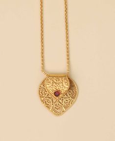 Birthstone Gemstone Gold Plated Brass Lotus Petal Mandala Necklace - Necklaces July (Ruby) Pendant Temple Necklace With Filigree As A Gift, Pendant Temple Necklace With Filigree For Gifts, Elegant Brass Temple Necklace For Rituals, Brass Filigree Temple Necklace As Gift, Spiritual 22k Gold Necklace With Gemstone, Spiritual Gemstone Necklace For Puja, Traditional Gold Heart Pendant Necklace, Spiritual Gold Plated Necklaces With Intricate Design, Spiritual Gold Plated Necklace With Intricate Design