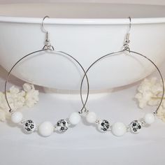 Hoops, Hoop Earrings, Floral Hoop Earrings, Hoop Earring Set, Floral Hoops 4545 This Brand New Nwt Big Large Beaded Statement Hoop Earring Set Was Handmade By Me - Wvluckygirl. Handcrafted With Solid White Acrylic Beads, Silver Toned Costume Jewelry Beads, & White Beads That Have A Black & Grey Floral Design. The Pair Dangle & Drop From 925 Sterling Silver French Fish Hooks For Women's Pierced Ears. 3 Inches Tall And 2 1/8 Inches Round. Each Single Earring Weighs About 3.4 Grams. Buy Them Now Be Adjustable Nickel-free White Hoop Earrings, Adjustable White Nickel Free Hoop Earrings, White Diamond Hoop Earrings, Nickel Free White Circle Hoop Earrings, Nickel-free White Circle Hoop Earrings, White Nickel-free Dangle Hoop Earrings, Hypoallergenic White Circle Earrings, Hypoallergenic White Circular Earrings, Adjustable White Hoop Earrings With Ear Wire