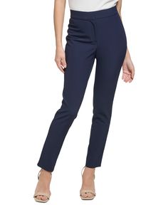 The essential flat-front pants from Calvin Klein feature a skinny fit that skims the body without being too tight. Approx. inseam: 28" Hook-and-bar closure with zipper fly Nylon, spandex Machine wash Imported Slim Fit Elastane Office Pants, Slim Fit Elastane Pants For Office, Slim Fit Elastane Ankle-length Pants, Slim Fit High-waisted Elastane Bottoms, Tight Mid-rise Elastane Pants, Fitted Straight Pants With Zip Fly, Fitted Mid-rise Elastane Pants, Slim Fit Elastane Pants With 5-inch Inseam, Fitted Elastane Dress Pants For Spring