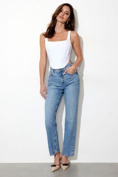 Justina Straight Leg Jeans Indigo Medium Fitted Summer Flare Jeans, Fitted Cropped Jeans In Rigid Denim For Summer, Straight Jeans For Everyday Summer Wear, Summer Straight Leg Cropped Jeans, Classic Fitted Jeans For Summer, Fitted Classic Summer Jeans, Customer Service Gifts, Straight Leg Jeans, Leg Jeans