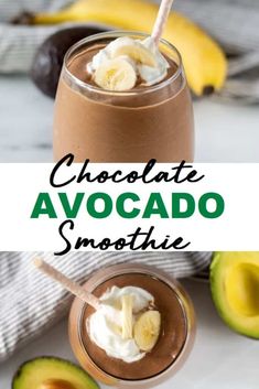 chocolate avocado smoothie with whipped cream and bananas