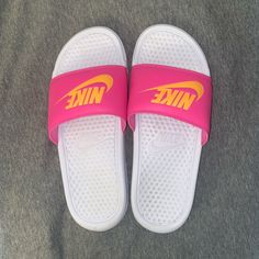 Women’s Size 8 Nike Slides! Never Worn Outside In Perfect Condition! Fun Pink Slip-on Sandals, Pink Cushioned Slides With Round Toe, Pink Slides With Cushioned Footbed And Round Toe, Casual Pink Slide Sandals, Trendy Non-slip Pink Slides, Comfortable Pink Flat Sneakers, Pink Non-slip Slip-on Slides, Comfortable Pink Slides, Comfortable Pink Synthetic Slides