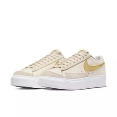 Nike Blazer Low Platform "Platform Pale Ivory/White/Saturn Gold" Women's Shoe - Hibbett | City Gear Adidas Platform Sneakers, Nike Blazer Low, Rainbow Sneakers, Nike Brown, Blazer Low, Women Platform Shoes, Dad Sneakers, Nike Shoes Women, New Sneakers