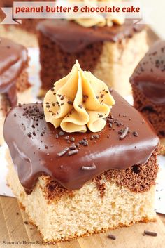 two pieces of peanut butter and chocolate cake