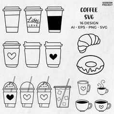 coffee cups and donuts are drawn in black on white paper with the words coffee svg