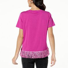 G by Giuliana Short-Sleeve Knit Top with Fringe Trim Every day is a good day to sparkle … and why not add a little fringe too? Take your everyday look from drab to fab with this classic short-sleeve tee updated with faux feather fringe and sparkling sequins. Spring Crew Neck Top With Fringe, Spring Fringe Crew Neck Tops, Summer Knit Top With Fringe, Summer Knit Tops With Fringe, Pink Knit Top For Party, Casual Knit Party Tops, Casual Knit Tops For Party, Pink Fringe Top For Spring, Pink Fringed Top For Spring