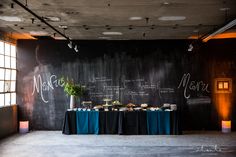 a table with food on it in front of a chalkboard wall that says menus