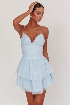 Nightingale Ruched Mesh Mini Dress Baby Blue by Selfie Leslie Dress Baby Blue, Baby Blue Dresses, Yellow Bridesmaid Dresses, Yellow Bridesmaids, Mesh Mini Dress, Ruffle Mini Dress, Blue Bridesmaids, Dress Satin, Date Night Dresses