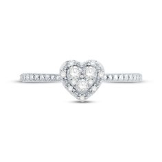 a heart shaped diamond ring with diamonds on the band and sidestones in white gold