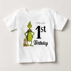 Check out this fun Dr. Suess Grinch chalkboard first birthday shirt. Grinch Birthday Party Shirts, One Year Old Grinch Birthday, Grinch Birthday Shirt, Grinch Birthday Shirt Kids, Funny White T-shirt For First Birthday, First Birthday Shirts, Top Baby Products, Baby Tshirts, Grinch