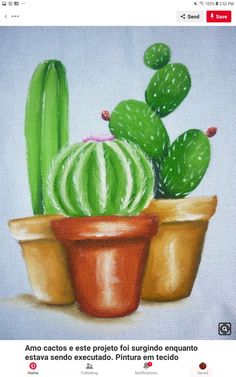 a painting of three potted cactus plants