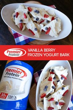 two bowls filled with frozen yogurt bark next to a bottle of ice cream