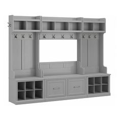 a large gray shelf with drawers and shelves on it's sides is shown in front of a white background