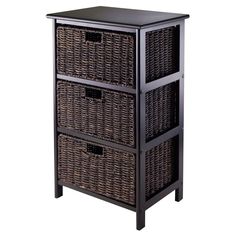 three wicker drawers with four baskets on each drawer and one shelf in the middle