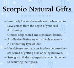 the zodiac sign for scorpio natural gifts is shown in blue and white with stars