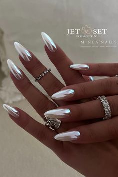 Gorgeous milky white chrome nails almond shaped to elevate your look. Black And White Chrome Nails, Milky Chrome Nails, Milky White Chrome Nails, Chrome Nails Acrylic, Almond Nails Chrome, Fall Chrome Nails, Fall Almond Nails, Chrome Manicure