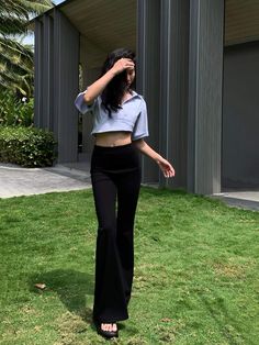 Meet the Black High-Waist Slimming Bell-Bottom Pants from our 2023 Summer Collection. These pants feature a flattering high waist and a slimming design, perfect for casual wear. The subtle flare at the bottom adds a stylish touch to your summer wardrobe. Stay fashionable and comfortable this season. Details Composition: 67% Viscose Fiber, 26% Nylon, 7% Spandex Design: Plain Style: Casual Thickness: Regular Occasion: Leisure Size & Fit Stretch: Some-stretch Fit Type: Shift Our model is 167 cm/5’5 High Stretch High-waisted Pants, High Waist High Stretch Pants, High Stretch Black Pants For Spring, Solid Mid-rise Pants For Night Out, Fitted Versatile Bottoms For Office, Versatile Fitted Bottoms For Office, Versatile Fitted Office Bottoms, High Rise Bottoms For Spring Office Wear, High Stretch High Waist Bottoms For Workwear