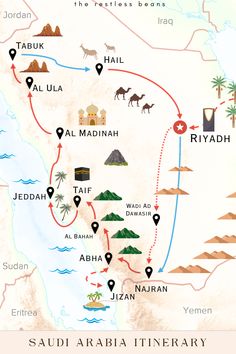 a map of the middle east with several locations