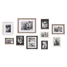 a white wall with many black and white pictures on it