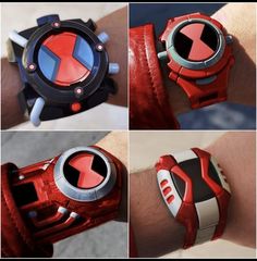 four different views of a wrist watch on someone's arm, with red and black accents